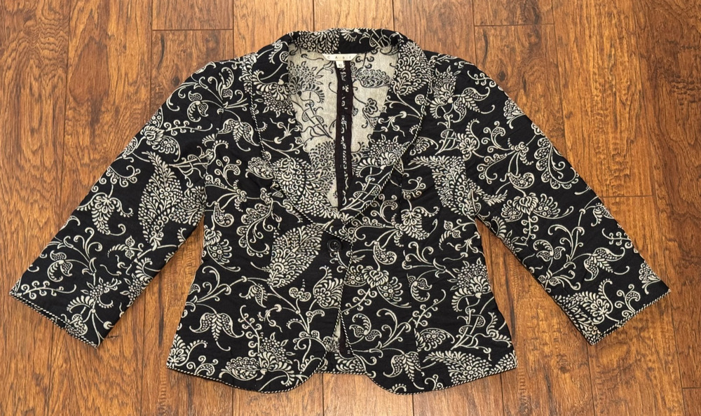 CAbi Embroidered Black/Cream Paisley Blazer Jacket 3/4 Sleeve - Women's Size 10